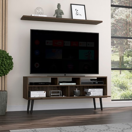 Oslo Tv Stand For TV's Up 51 In. Two Drawers, Four Legs, Three Open Shelves, Dark Walnut